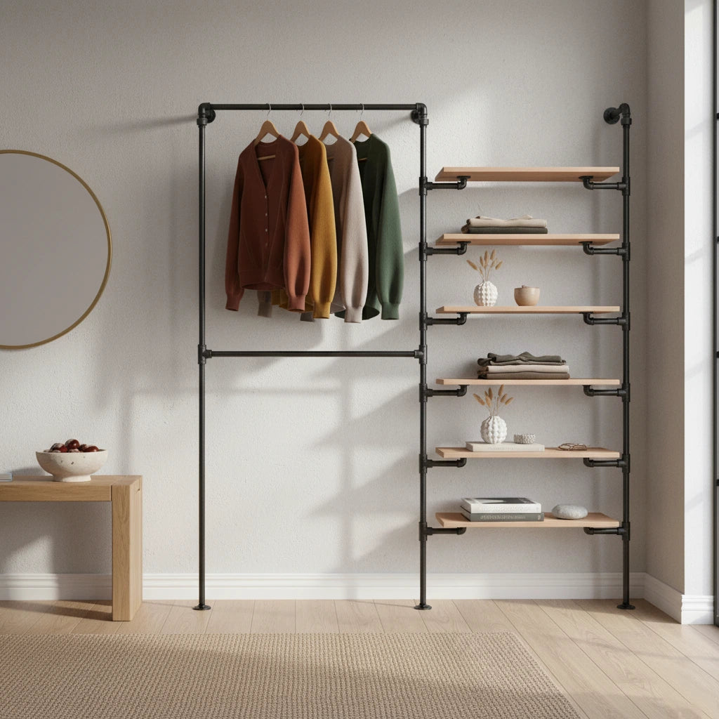 urb.style Layla im Wohnzimmer/ Schlafzimmer behangen mit Kleidung und Deko im Raum.