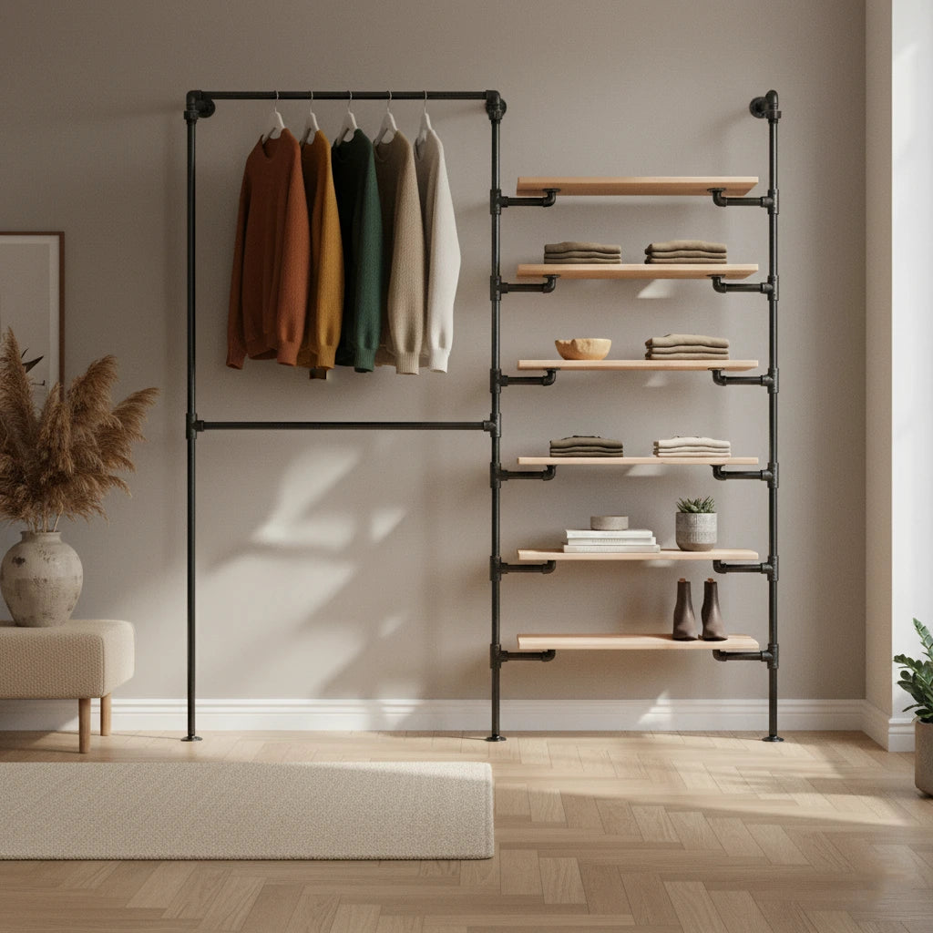 urb.style Layla im Wohnzimmer/ Schlafzimmer behangen mit Kleidung und Deko im Raum.