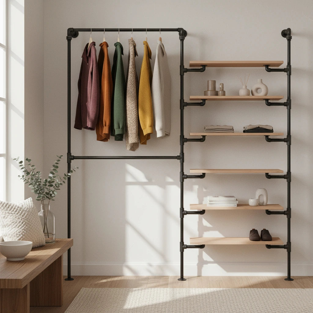 urb.style Layla im Wohnzimmer/ Schlafzimmer behangen mit Kleidung und Deko im Raum.