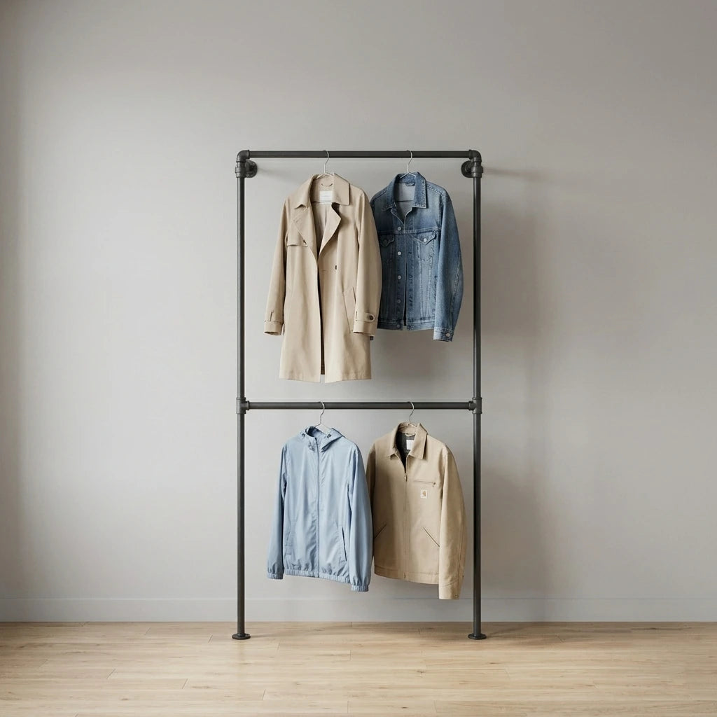 Lea behangen mit Kleidung an grauer Wand