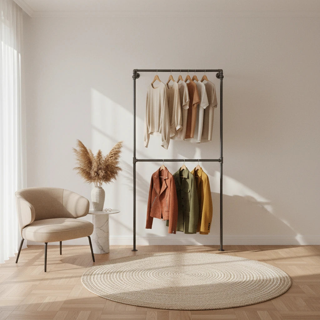 urb.style Lea im Wohnzimmer/ Schlafzimmer behangen mit Kleidung und Deko im Raum.