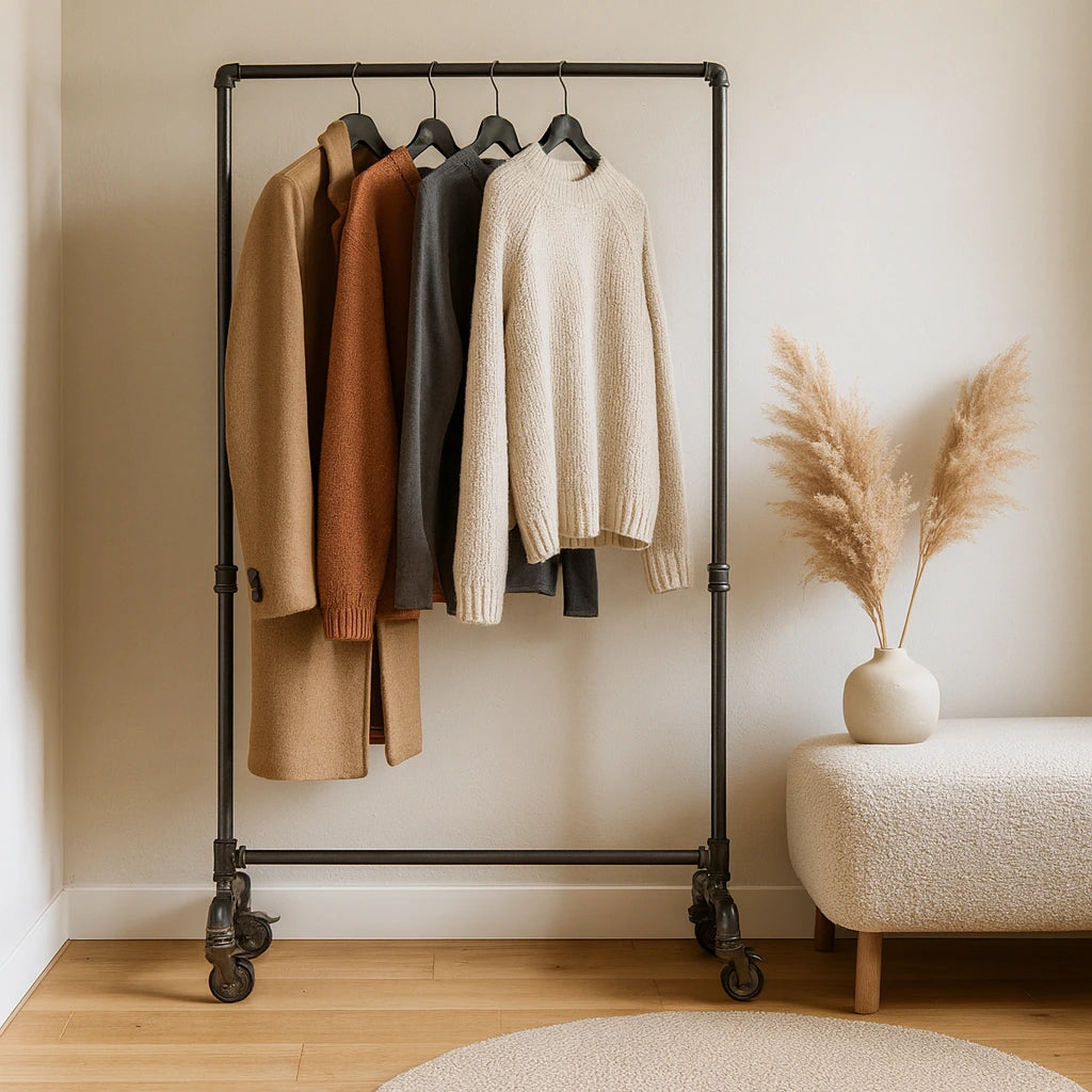 urb.style Leo im Wohnzimmer/ Schlafzimmer behangen mit Kleidung und Deko im Raum.