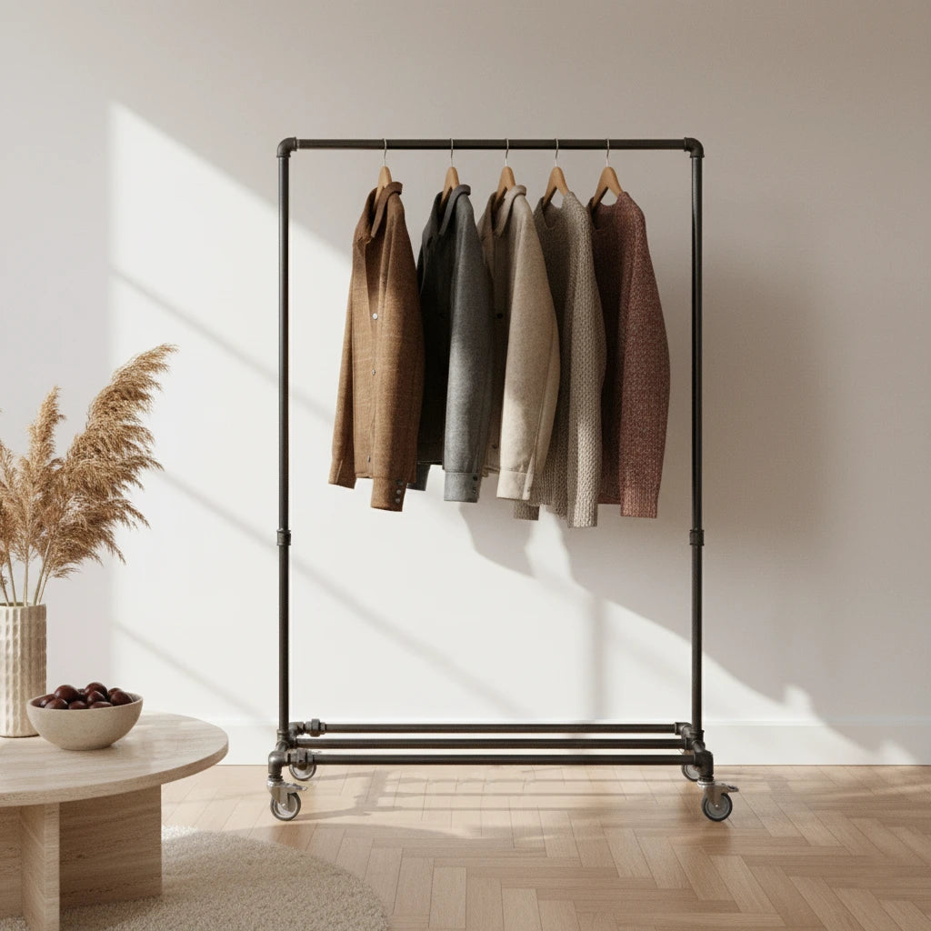 urb.style Levi im Wohnzimmer/ Schlafzimmer behangen mit Kleidung und Deko im Raum.