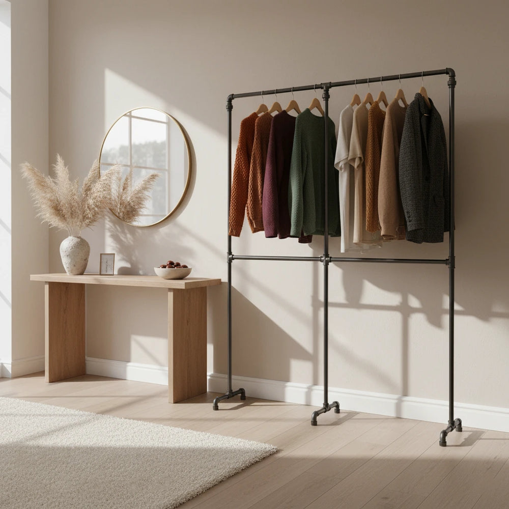 urb.style Lia im Schlazimmer/Wohnzimmer behangen mit Kleidung und Deko im Raum.