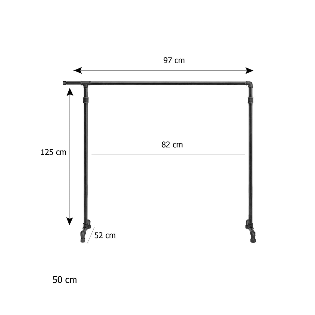 Martha freistehender Kleiderständer Skizze mit Höhe 125cm, Breite 97cm und Tiefe 52cm.
