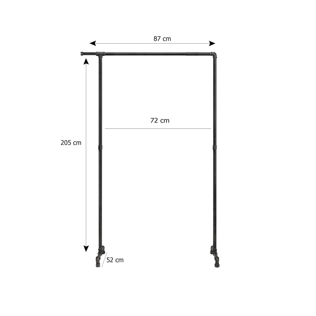 Martha freistehender Kleiderständer Skizze mit Höhe 205cm, Breite 87cm und Tiefe 52cm.