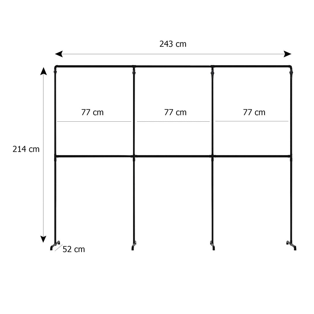 Max freistehende Kleiderstange Skizze mit Höhe 214cm, Breite 243cm und Tiefe 52cm.