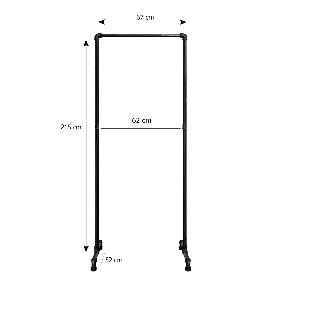 Mia freistehender Kleiderständer Skizze mit Höhe 215cm, Breite 67cm und Tiefe 52cm.