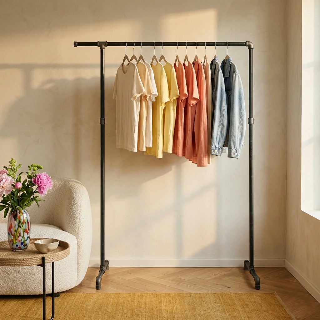 urb.style Martha freistehender Kleiderständer im vintage Stil Ständer aus Rohren behangen mit Kleidung