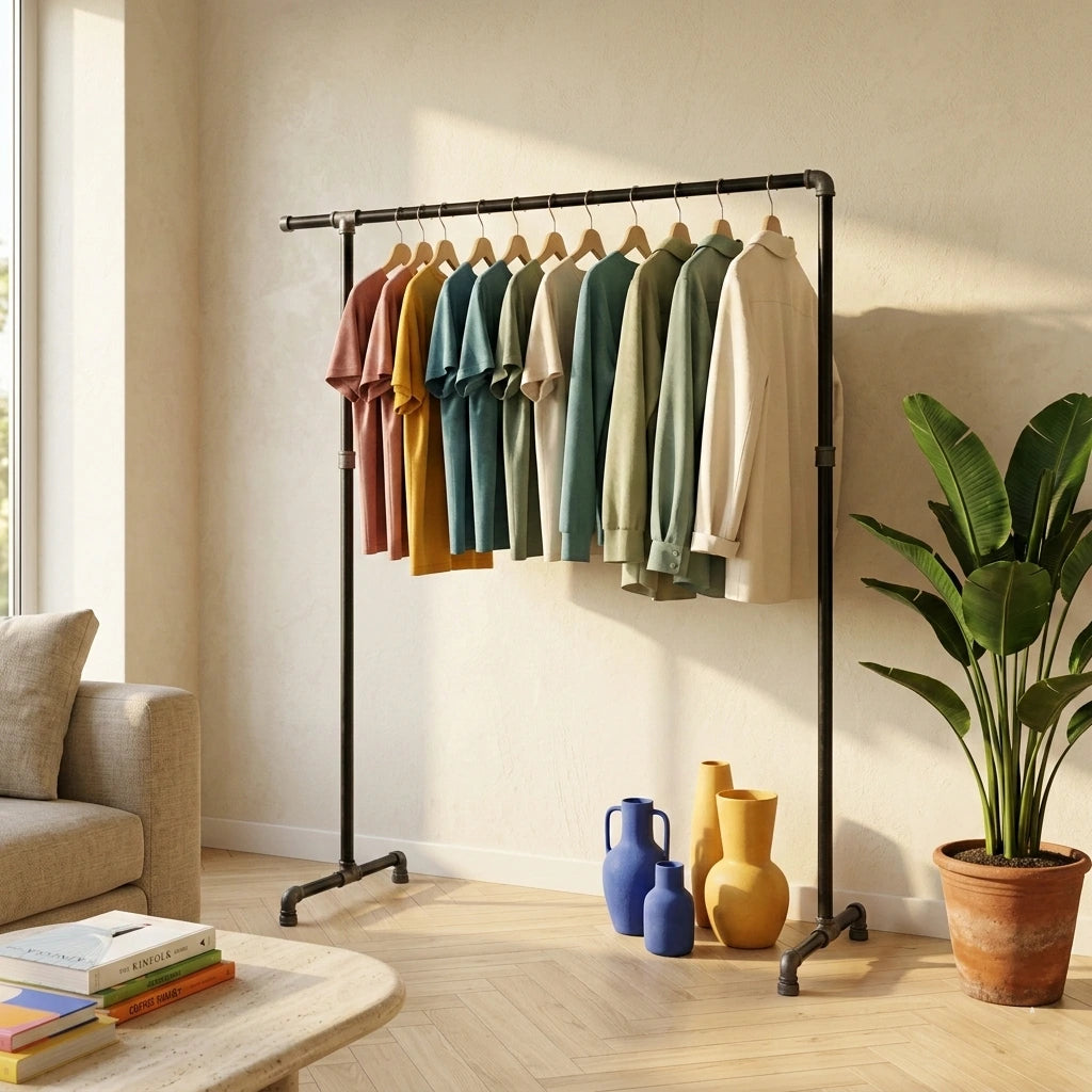urb.style Martha freistehender Kleiderständer im vintage Stil Ständer aus Rohren behangen mit Kleidung