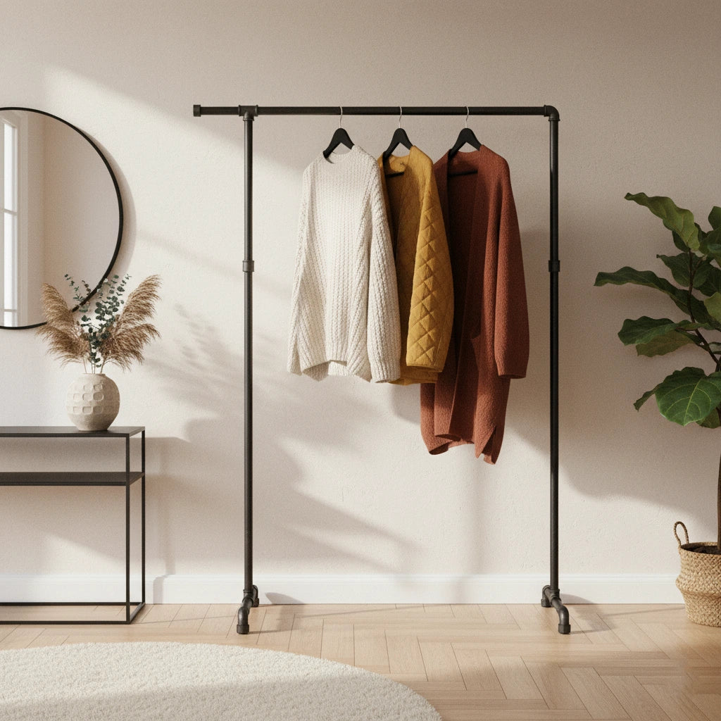 Industrieller Wandkleiderständer Mit 4 Hängestangen - Rohrdesign, Schwarz, Rustikal