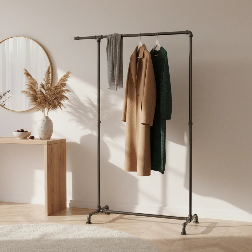 urb.style Martha freistehender Kleiderständer im vintage Stil Ständer aus Rohren behangen mit Kleidung