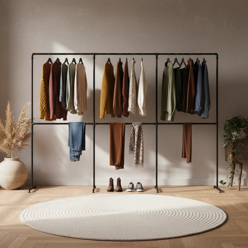 urb.style Max im Wohnzimmer/ Schlafzimmer behangen mit Kleidung und Deko im Raum.