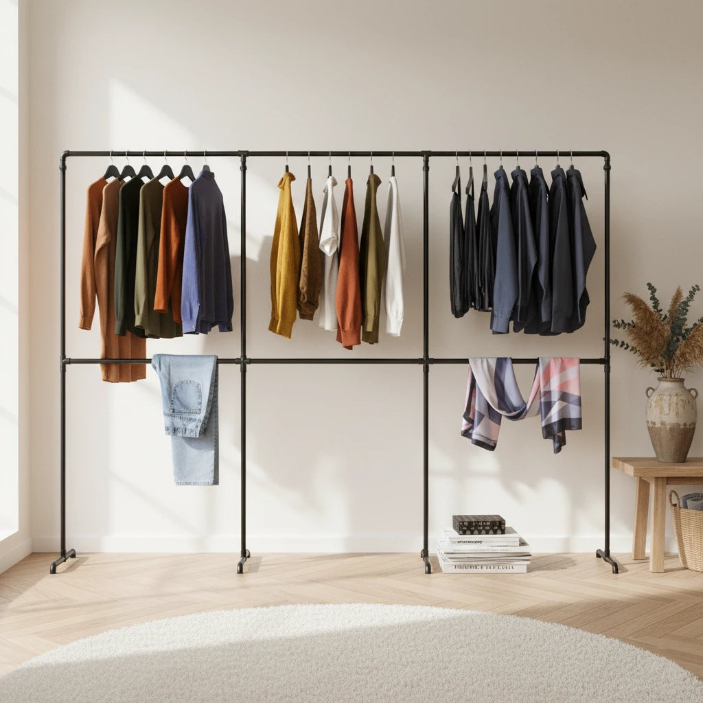 urb.style Max im Wohnzimmer/ Schlafzimmer behangen mit Kleidung und Deko im Raum.