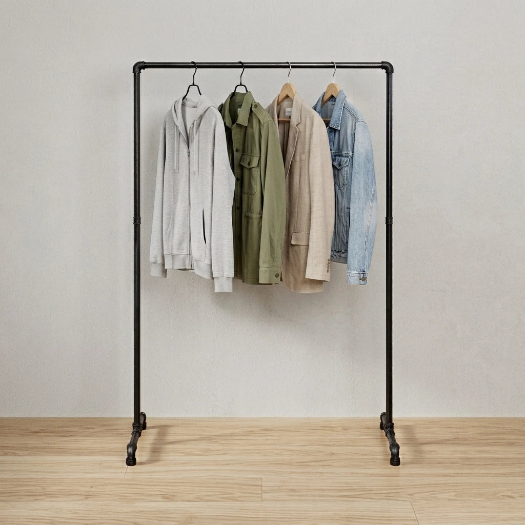 Mia behangen mit Kleidung vor grauer Wand