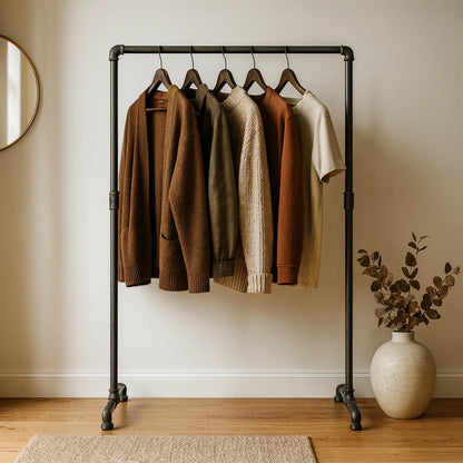 urb.style Mia im Wohnzimmer/Schlafzimmer behangen mit Kleidung und Deko im Raum.