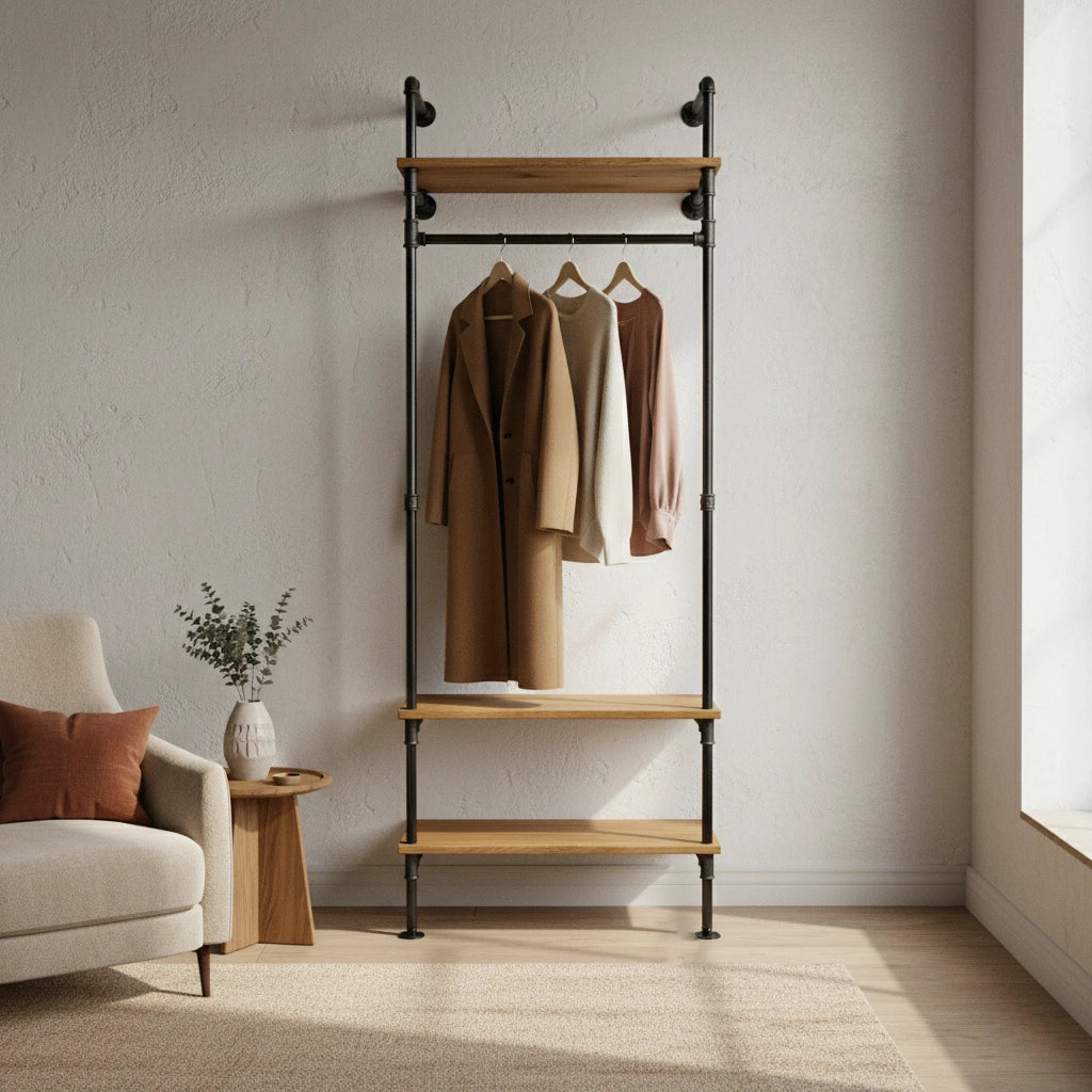 urb.style Nina im Wohnzimmer/ Schlafzimmer behangen mit Kleidung und Deko im Raum.