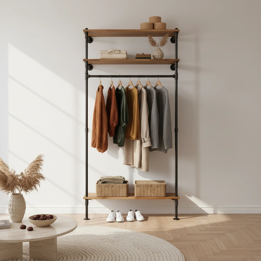 urb.style Nino im Wohnzimmer/ Schlafzimmer behangen mit Kleidung und Deko im Raum.