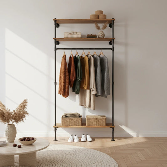 urb.style Nino im Wohnzimmer/ Schlafzimmer behangen mit Kleidung und Deko im Raum.