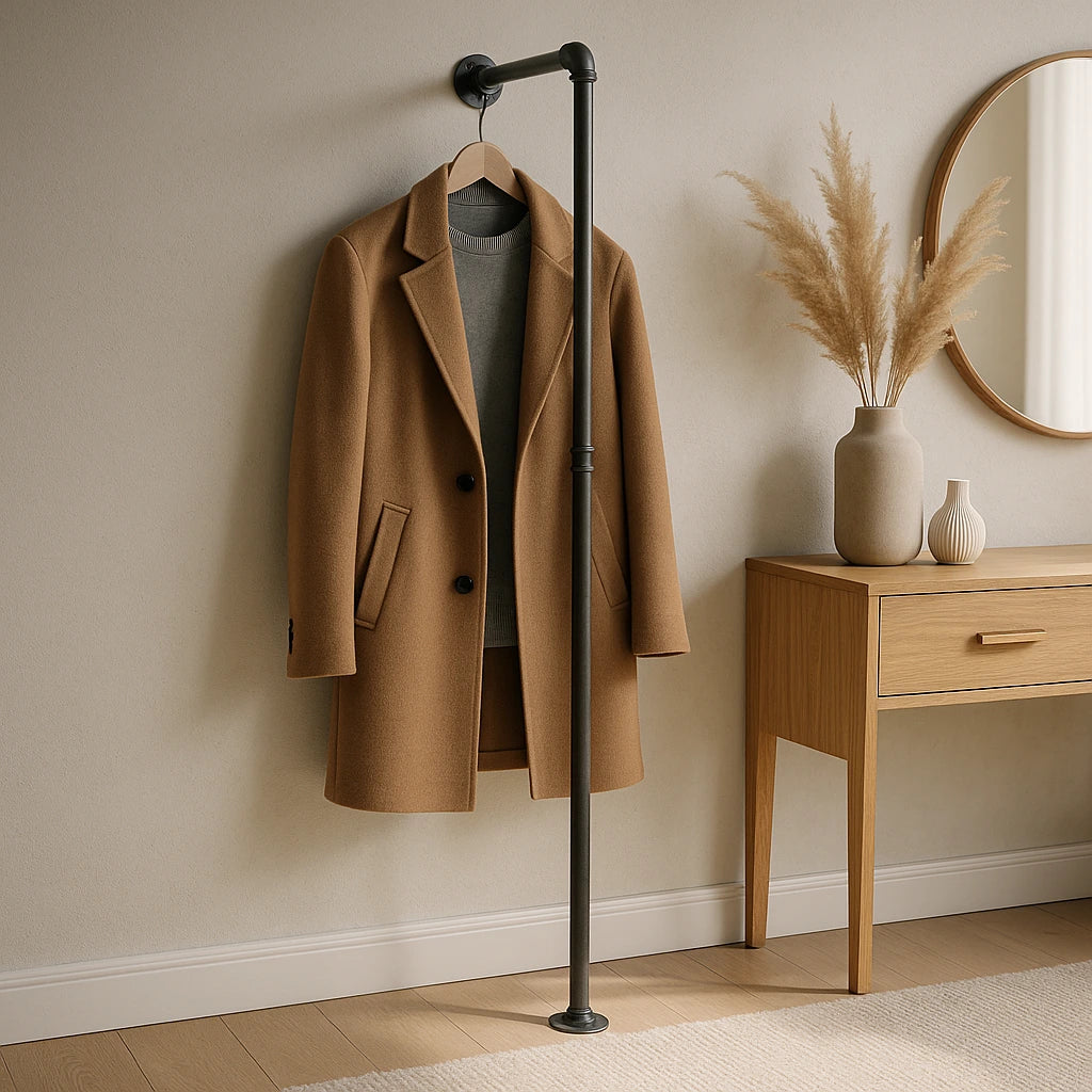 urb.style Otto imWohnzimmer/ Schlafzimmer behangen mit Mantel und Deko im Raum.