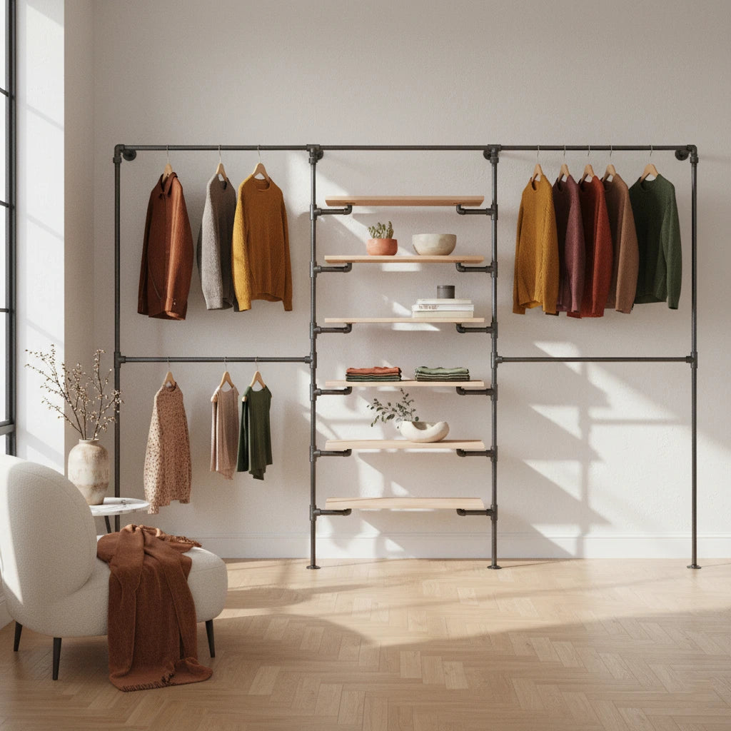 urb.style Quincy im Wohnzimmer/ Schlafzimmer behangen mit Kleidung und Deko im Raum.