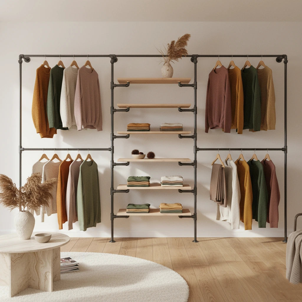 urb.style Quincy im Wohnzimmer/ Schlafzimmer behangen mit Kleidung und Deko im Raum.