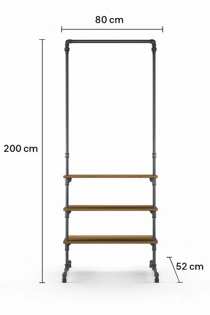 SUSAN freistehender Kleiderständer mit Regalen Skizze mit Höhe 200cm, Breite 80cm und Tiefe 52cm.
