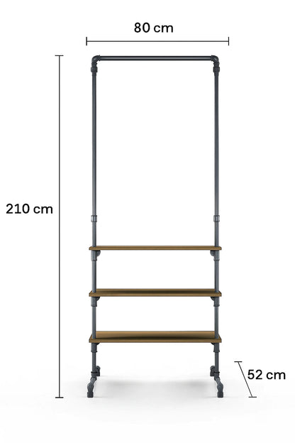 SUSAN freistehender Kleiderständer mit Regalen Skizze mit Höhe 210cm, Breite 80cm und Tiefe 52cm.