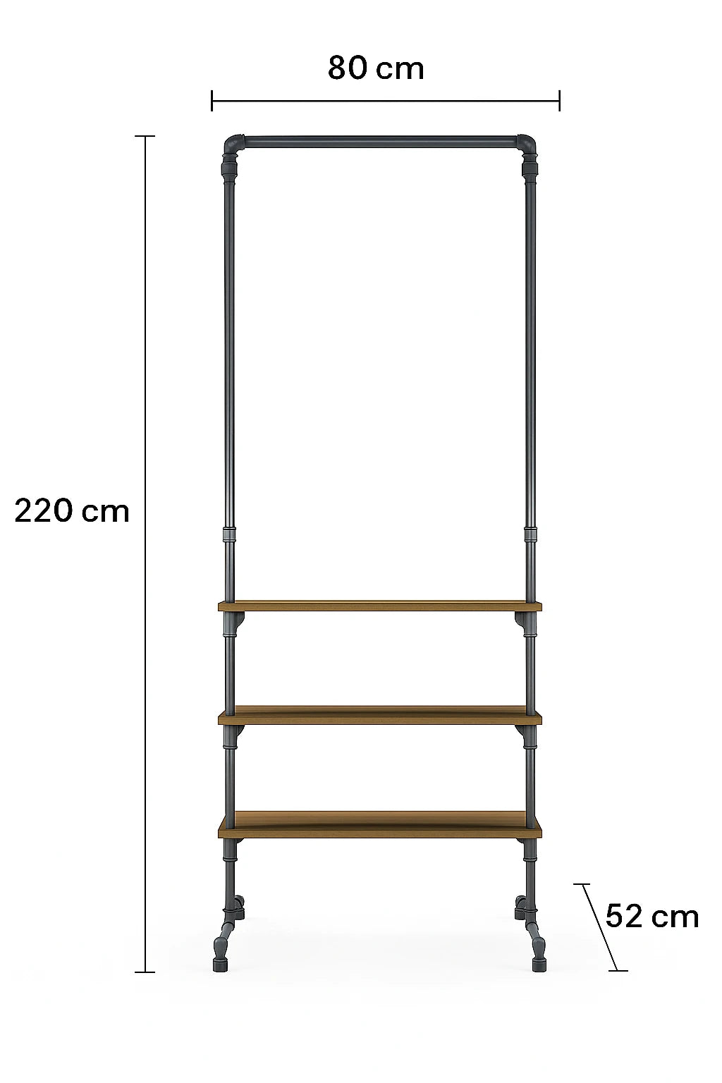 SUSAN freistehender Kleiderständer mit Regalen Skizze mit Höhe 220cm, Breite 80cm und Tiefe 52cm.