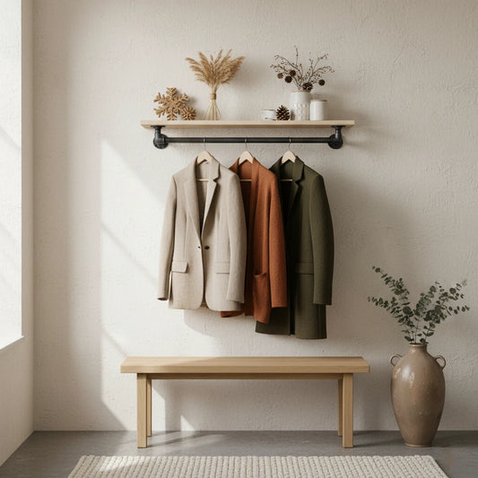 urb.style Silly im Wohnzimmer/ Schlafzimmer behangen mit Mänteln, Deko auf dem Holzbrett und im Raum.