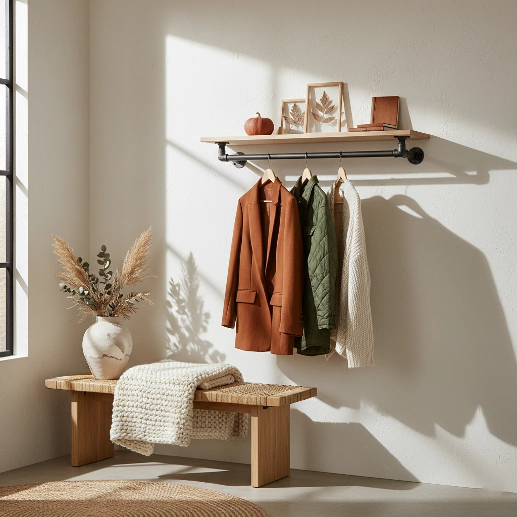 urb.style Silly im Wohnzimmer/ Schlafzimmer behangen mit Mänteln, Deko auf dem Holzbrett und im Raum.