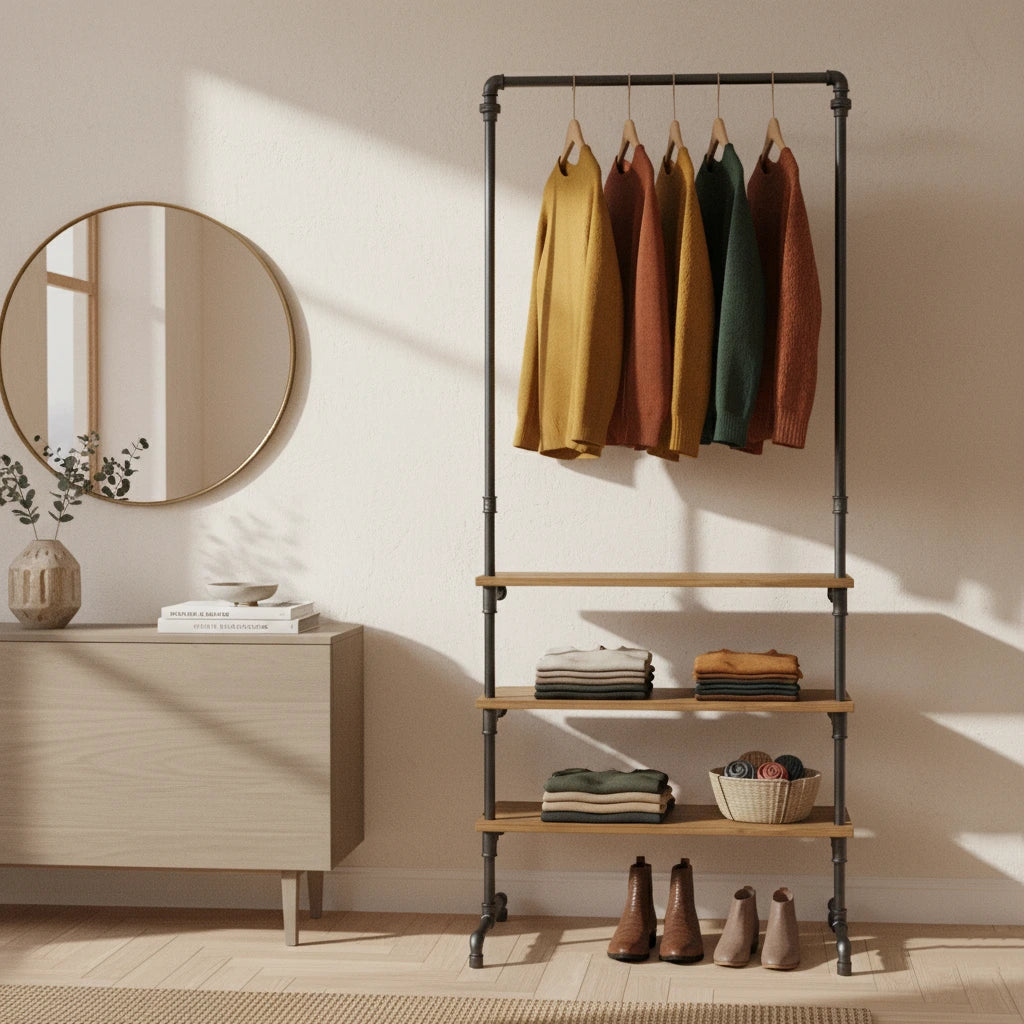 urb.style Susan im Wohnzimmer/ Schlafzimmer behangen mit Kleidung und Deko im Raum.