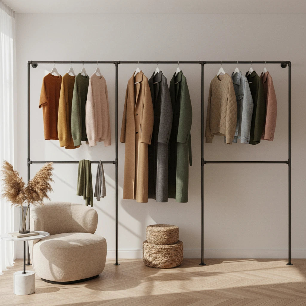 urb.style Sven im Wohnzimmer/ Schlafzimmer behangen mit Kleidung und Deko im Raum.