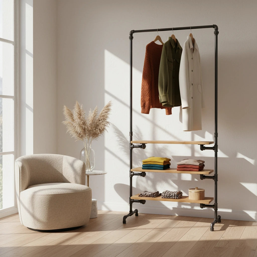 urb.style Svenja im Wohnzimmer/ Schlafzimmer behangen mit Kleidung und Deko im Raum.