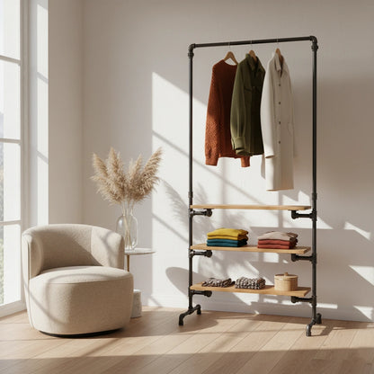 urb.style Svenja im Wohnzimmer/ Schlafzimmer behangen mit Kleidung und Deko im Raum.