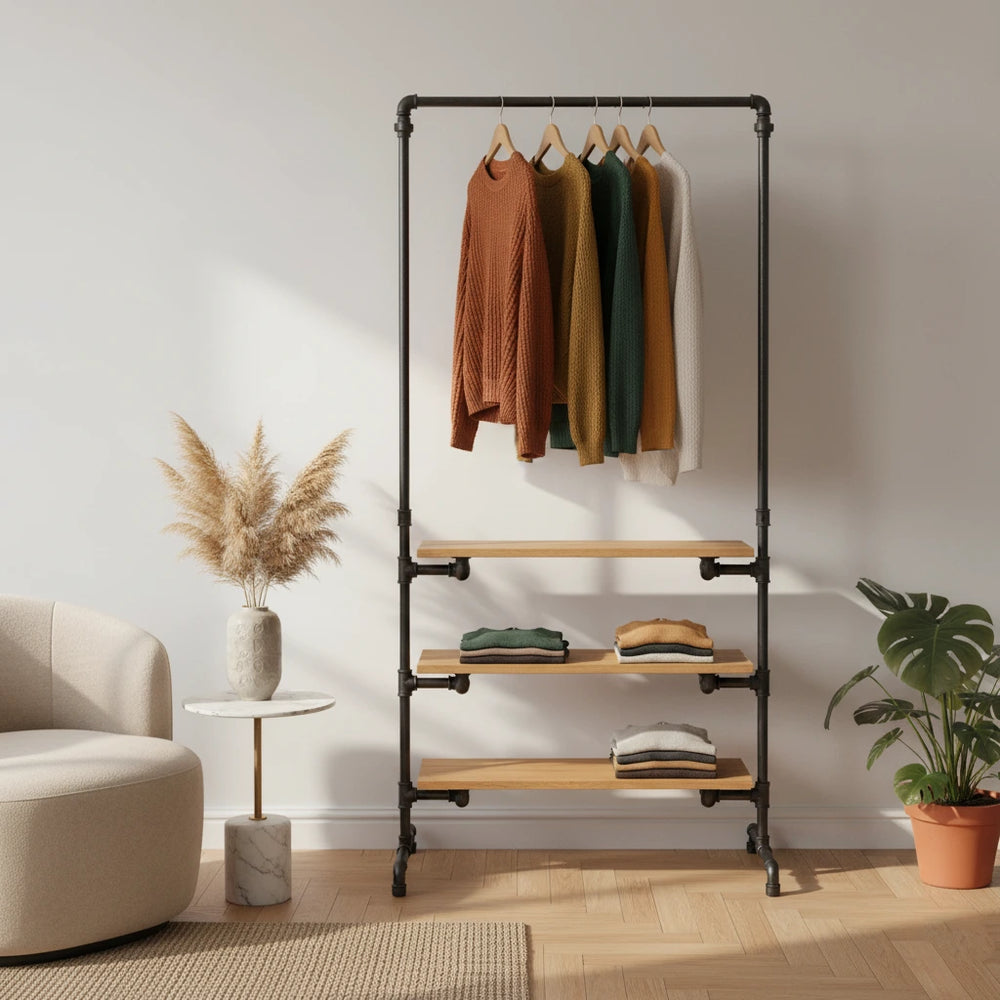urb.style Svenja im Wohnzimmer/ Schlafzimmer behangen mit Kleidung und Deko im Raum.