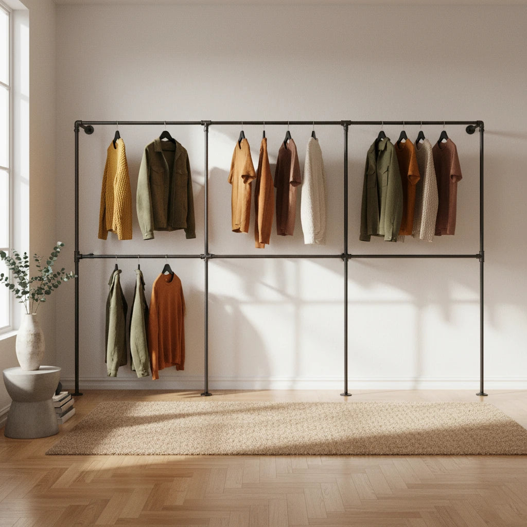 urb.style Theo im Wohnzimmer/ Schlafzimmer behangen mit Kleidung und Deko im Raum.