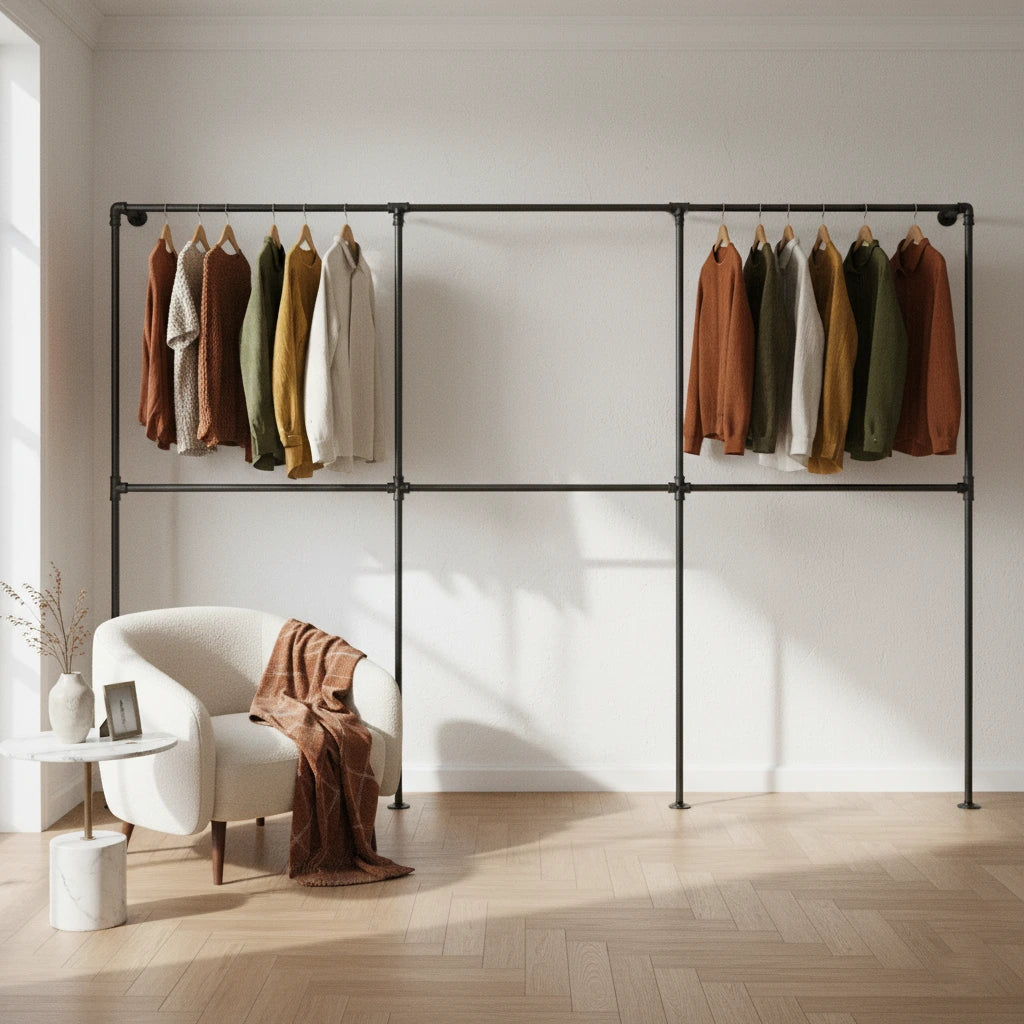 urb.style Theo im Wohnzimmer/ Schlafzimmer behangen mit Kleidung und Deko im Raum.