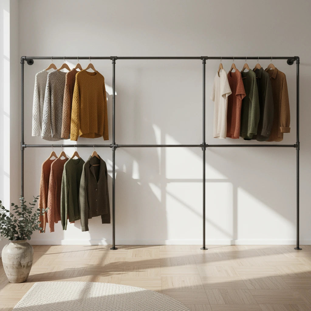 urb.style Theo im Wohnzimmer/ Schlafzimmer behangen mit Kleidung und Deko im Raum.