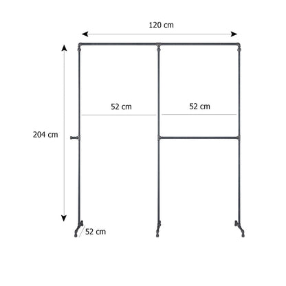 Skizze der Kleiderstange mit Höhe 204cm Breite 120cm Tiefe 52cm