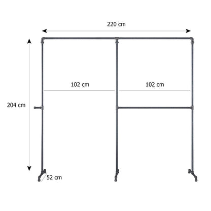 Skizze der Kleiderstange mit Höhe 204cm Breite 220cm Tiefe 52cm