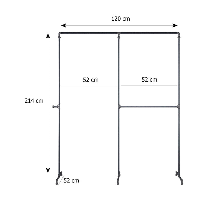 Skizze der Kleiderstange mit Höhe 214cm Breite 120cm Tiefe 52cm