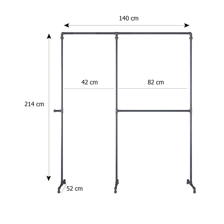 Skizze der Kleiderstange mit Höhe 214cm Breite 140cm Tiefe 52cm