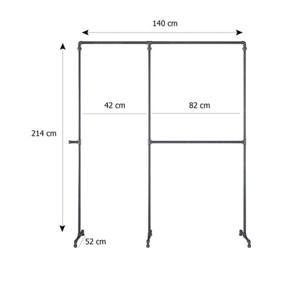 Skizze der Kleiderstange mit Höhe 214cm Breite 140cm Tiefe 52cm