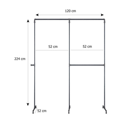 Skizze der Kleiderstange mit Höhe 224cm Breite 120cm Tiefe 52cm