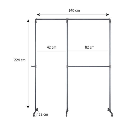 Skizze der Kleiderstange mit Höhe 224cm Breite 140cm Tiefe 52cm