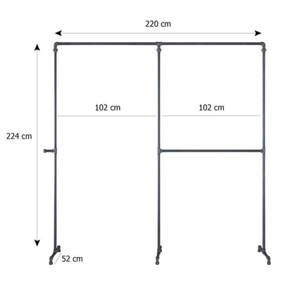 Skizze der Kleiderstange mit Höhe 224cm Breite 220cm Tiefe 52cm