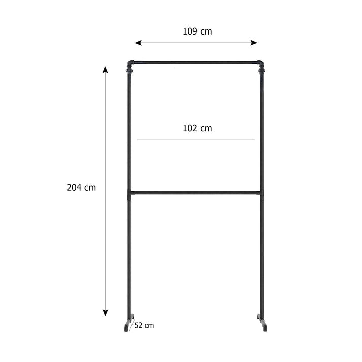 Skizze der Doppelkleiderstange aus Rohren freistehend mit Höhe 204cm Breite 109cm und Tiefe 52