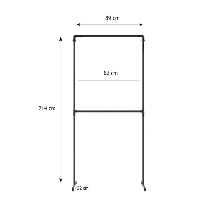 Skizze der Doppelkleiderstange aus Rohren freistehend mit Höhe 214cm Breite 89cm und Tiefe 52cm