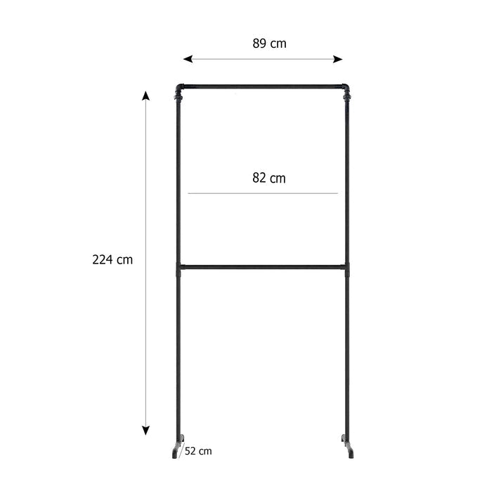 Skizze der Doppelkleiderstange aus Rohren freistehend mit Höhe 224cm Breite 89cm und Tiefe 52cm